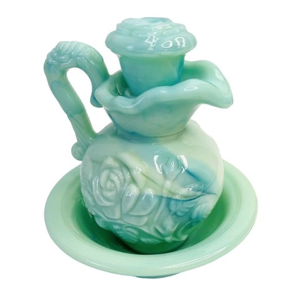 Avon Jadeite Decanter Bottle Pitcher and Bowl w/ Stoppers 5" Victoriana Glass - Picture 8 of 11